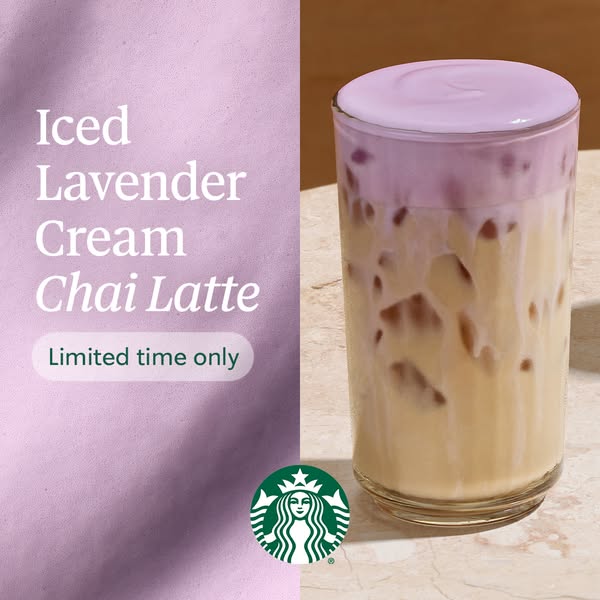 This ad showcases Starbucks' Iced Lavender Cream Chai Latte. The ad's visuals and text are designed to create a 