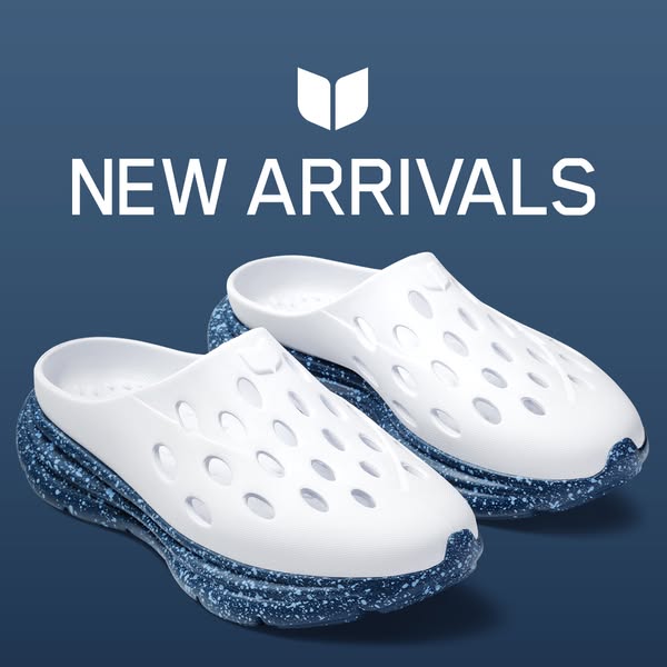 This image ad showcases a pair of white clogs with a blue marbled sole, highlighting them as a new arrival from the bran