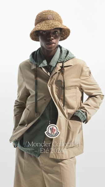 This ad showcases pieces from the Moncler Collection Été 2026. The ad features a single image of a person wearing multip