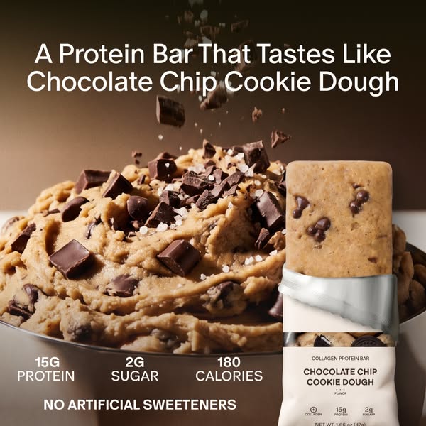 This image promotes a collagen protein bar that tastes like chocolate chip cookie dough. It calls out the 15g of protein