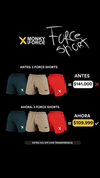 This ad compares the before and after prices for a bundle of three Monky Force shorts, emphasizing a discount and an ext