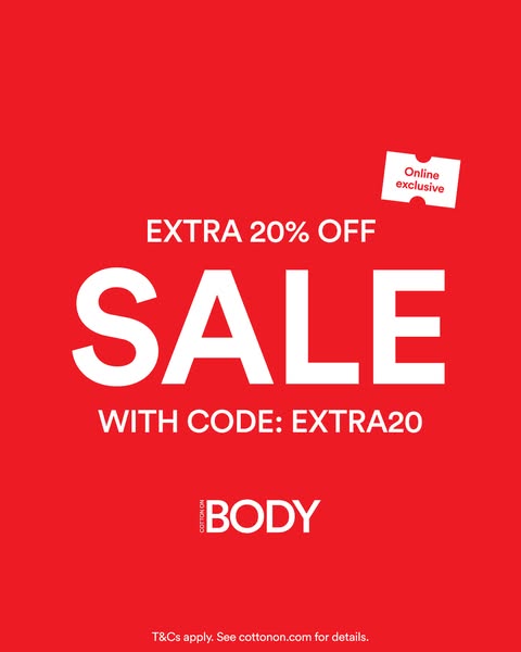 This is an advertisement from Cotton On Body promoting a sale with an extra 20% off using a specified code. The ad is si