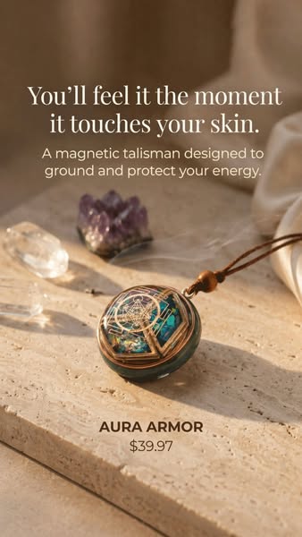 This ad promotes Aura Armor, a magnetic talisman, with a focus on its grounding and protective qualities. The ad uses a 