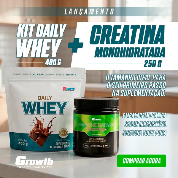 Ad for Growth Supplements protein powder and creatine. The ad promotes the products as the ideal size for taking the fir