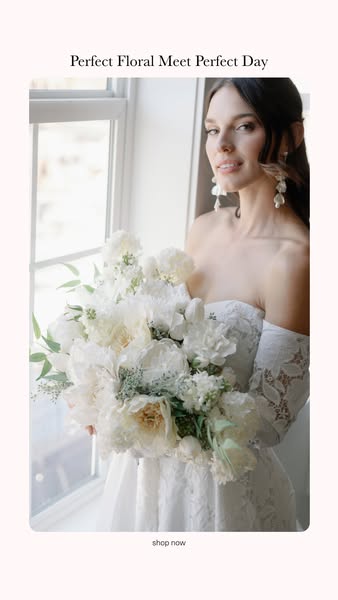 This ad features a woman in a white dress holding a large bouquet of white flowers. The ad is promoting floral arrangeme