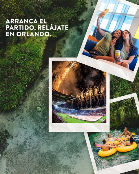 This ad encourages the viewer to travel and relax in Orlando. The image uses a collage style of photos with different gr