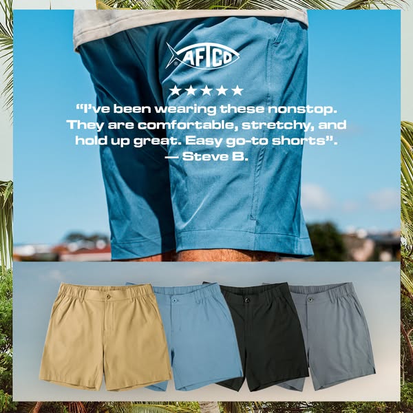 The ad promotes AFICD shorts using a customer testimonial and showcasing various color options.