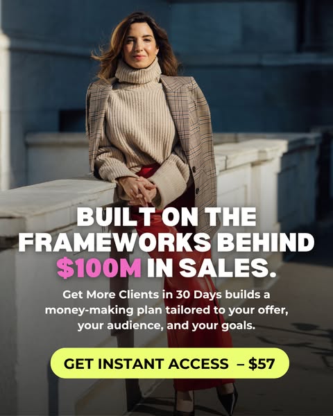 This image ad promotes a course or program designed to help users get more clients in 30 days. The ad features a woman i