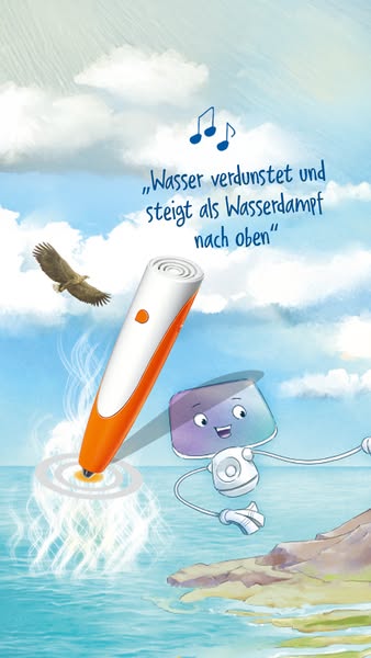 This ad features a cartoon illustration of a pen-shaped device demonstrating the water cycle. The ad is likely targeted 