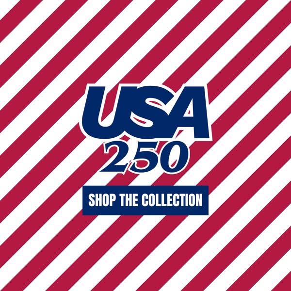 An image promoting a brand's collection with a USA-themed design against a red and white striped background.