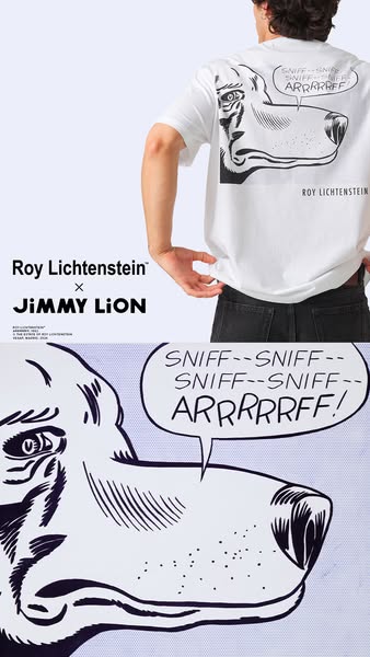 This ad is for a Roy Lichtenstein x Jimmy Lion t-shirt. The ad features a person wearing the t-shirt, which has a graphi