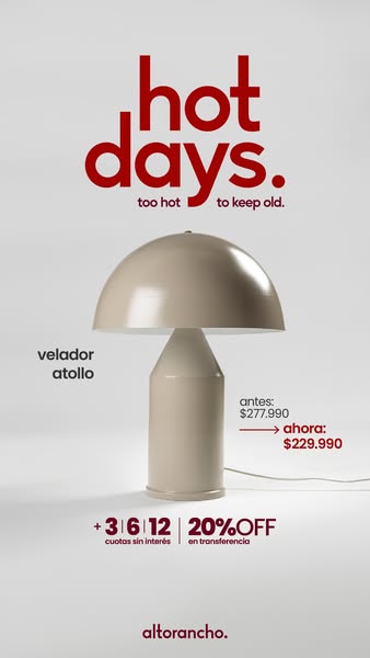 This ad features the "velador atollo" table lamp and promotes a sale. It uses a minimalistic, clean aesthetic 
