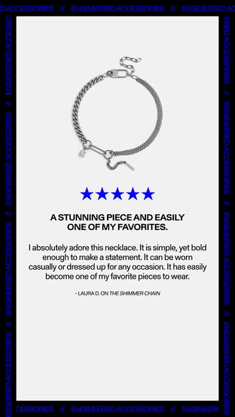 This ad features a silver chain necklace and showcases a quote from a customer, Laura D., about the Shimmer Chain. It em
