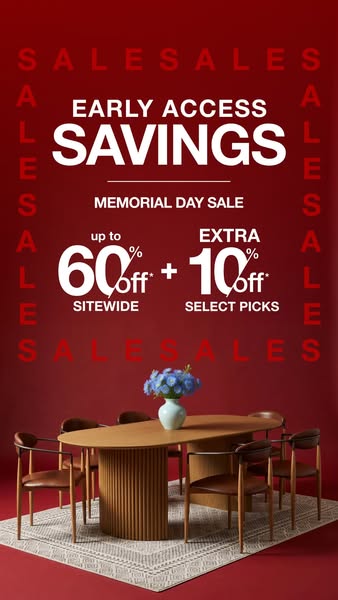 This ad is promoting a Memorial Day sale for furniture with early access savings up to 60% off sitewide and an extra 10%