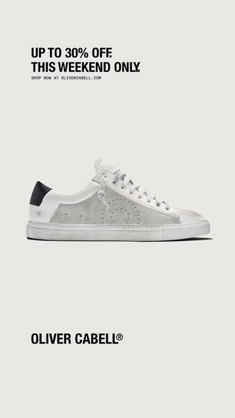 This ad for Oliver Cabell features a single pair of the brand's low-top sneakers. The ad highlights an offer for up 