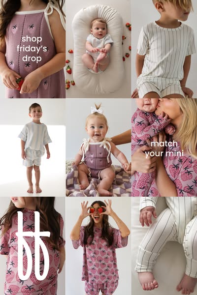 This ad showcases a variety of children's clothing sets, including a strawberry-themed set. It highlights the brand&