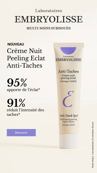 This ad promotes Laboratoires Embryolisse Anti-Taches night cream. It features product packaging and highlights the prod