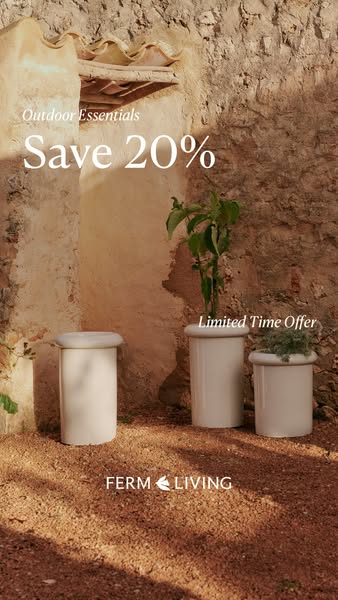 This image ad for Ferm Living promotes outdoor essentials with a limited time offer of 20% off. The ad features a collec