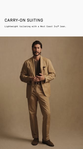 This ad features a man wearing lightweight suiting. The ad emphasizes the suit's lightweight tailoring and West Coas