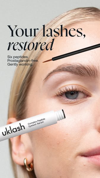 This ad showcases the UkLash Eyelash Serum, highlighting its key ingredients and promising restored lashes. The close-up