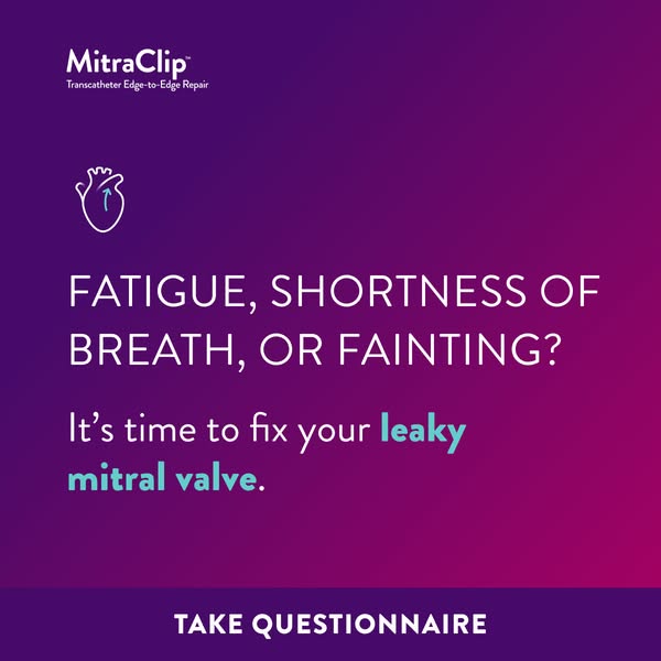 This ad highlights symptoms of a leaky mitral valve, and offers a questionnaire to help people self-identify and seek tr