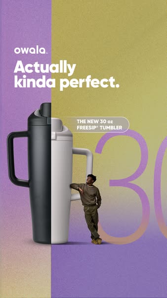 Image ad for Owala's new 30oz FreeSip tumbler. The ad features an image of a man leaning against an oversized versio