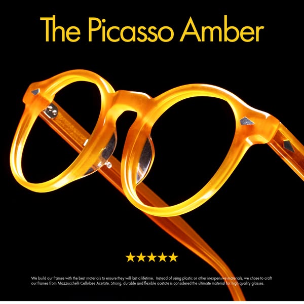 This image ad for 'The Picasso Amber' eyeglasses highlights the frame's quality construction, using premium 