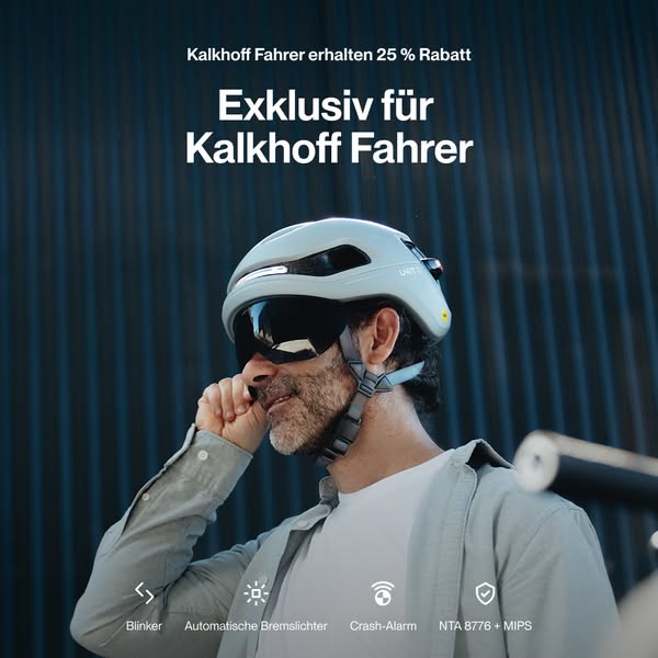 This ad features a man wearing a Kalkhoff bicycle helmet. It promotes a 25% discount for Kalkhoff riders and highlights 