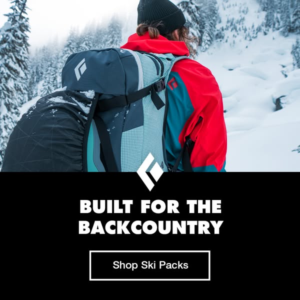 This image ad showcases the brand Black Diamond and their ski packs. The image features a person wearing a Black Diamond