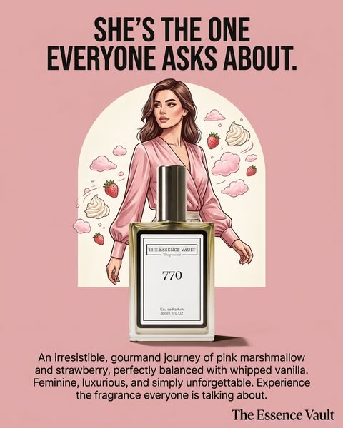 This ad showcases The Essence Vault perfume, presenting it as a luxurious and unforgettable fragrance. The visual elemen