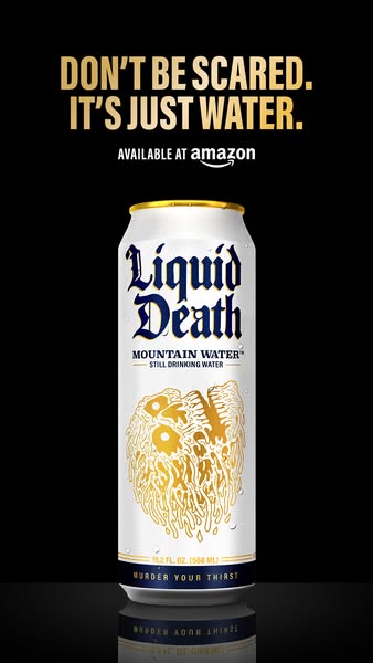 This ad for Liquid Death Mountain Water uses humor and a bold aesthetic to position the product as a thirst-quenching al