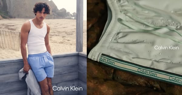 This ad features a man in Calvin Klein clothing at a beach. The ad transitions to a zoomed in view of the Calvin Klein c