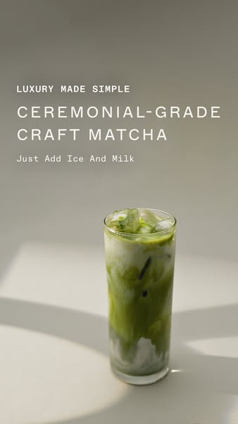 This image ad showcases ceremonial-grade craft matcha in a simple preparation with ice and milk, emphasizing the ease an
