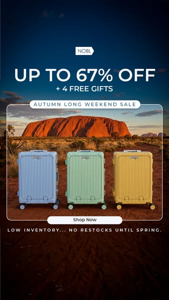 This is an image ad for Nobl brand suitcases advertising a sale for up to 67% off with 4 free gifts included. There is t