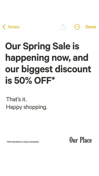 This ad for Our Place promotes their spring sale with a focus on their biggest discount of 50% off.