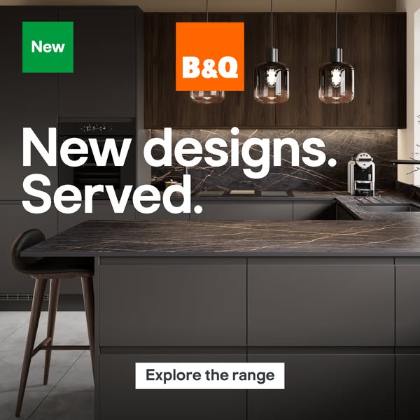 This ad showcases B&Q's new kitchen designs with a modern and sleek kitchen setup. The ad uses a minimalist appr