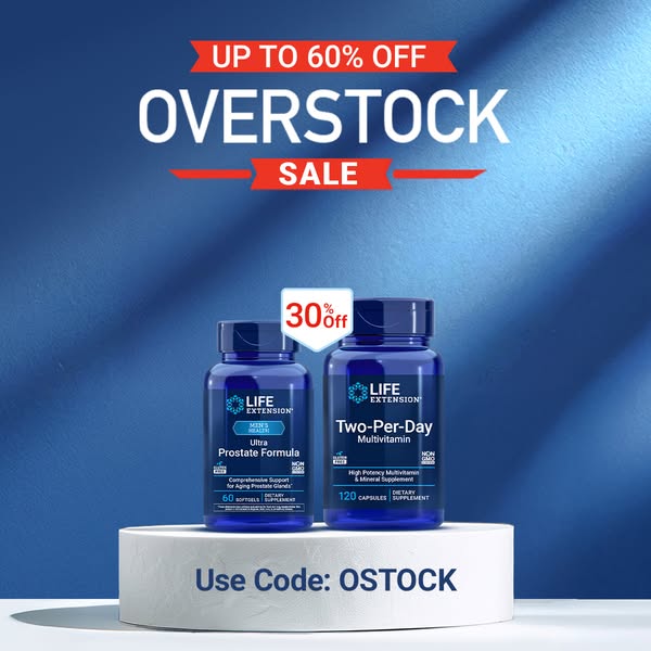 This ad showcases two Life Extension supplements—Ultra Prostate Formula and Two-Per-Day Multivitamin—while promoting an 