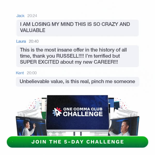 The ad showcases testimonials praising the One Comma Club Challenge, followed by a central image of the One Comma Club C