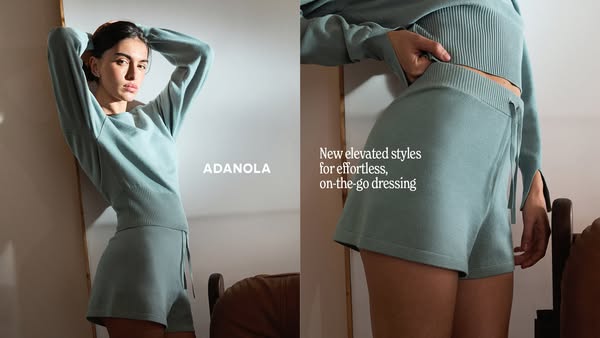 This ad features a woman in a comfortable knit set, which is available from Adanola, for effortless on-the-go style.