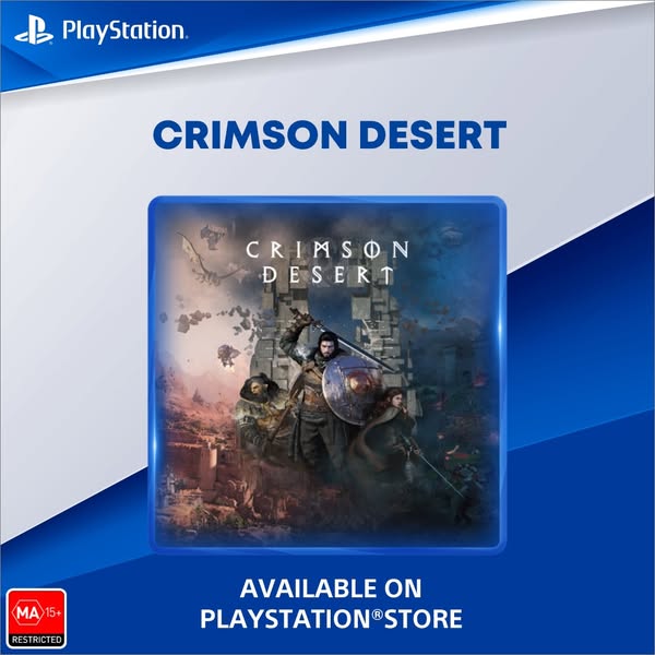 This is an image ad for the Playstation video game, Crimson Desert. The ad shows the game cover inside of a blue square 