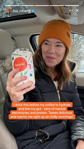 This ad for Brodo features Lisa Roberts, who shares her experience drinking it before coffee to hydrate and line her gut