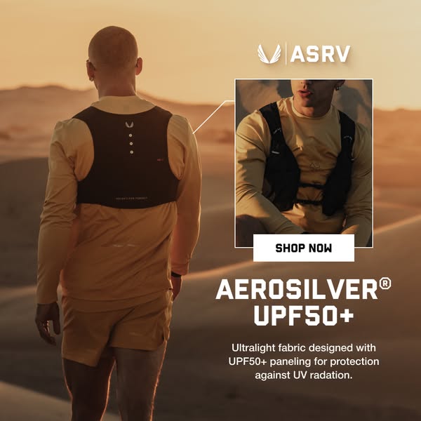 This image ad showcases AEROSILVER® UPF50+ clothing designed with ultralight fabric and UPF50+ paneling for protection a