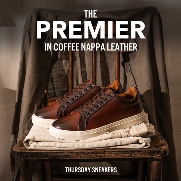 The ad promotes Thursday Sneakers with an image of the shoes placed on top of a folded cloth on top of a wooden chair. A
