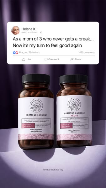 This ad features two jars of Happy Mammoth Hormone Harmony supplements, emphasizing their potential to help busy mothers