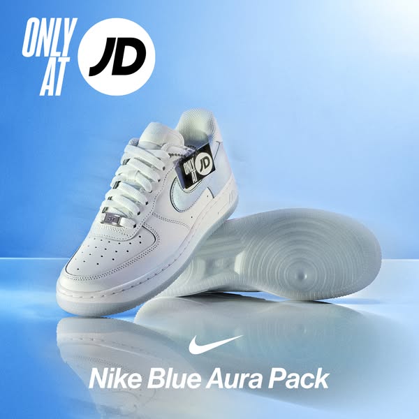 This ad showcases the Nike Blue Aura Pack, available exclusively at JD. The ad features a single shoe with the JD logo a