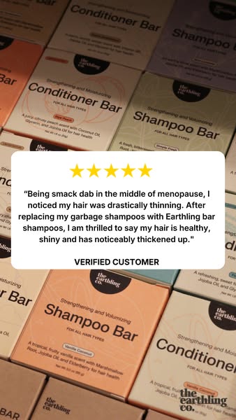This image ad features a positive customer testimonial for Earthling Co. shampoo and conditioner bars, highlighting hair