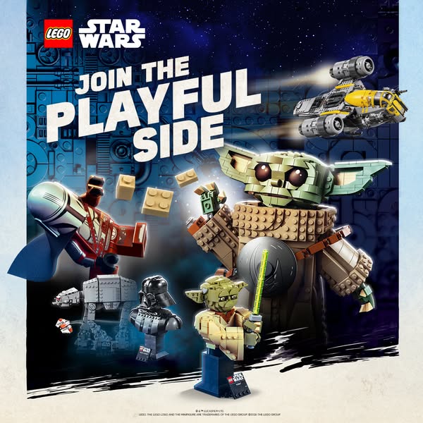 The ad features LEGO Star Wars sets against a space-themed background. It promotes the LEGO brand's 'playful sid