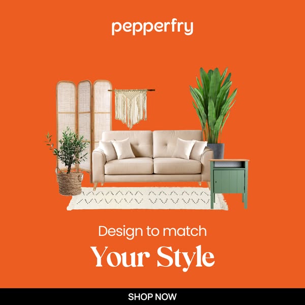 The ad shows a living room setup against an orange background, promoting Pepperfry's design services and furniture o