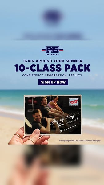 The ad showcases F45 Training's summer offer. The image, styled as a postcard held by a hand on a beach, features pe