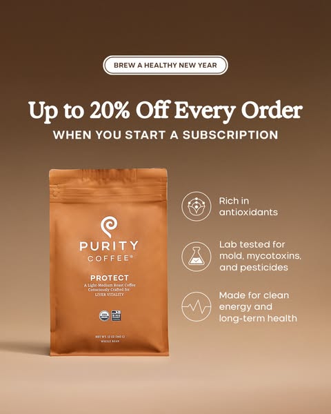 This image ad for Purity Coffee promotes a subscription offering 20% off every order and highlights the coffee's ant